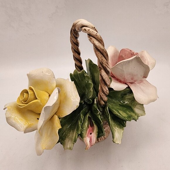 Large Vtg Nuova Capodimonte Fili Savastano Porcelain Roses In A Basket Italy - Picture 3 of 9